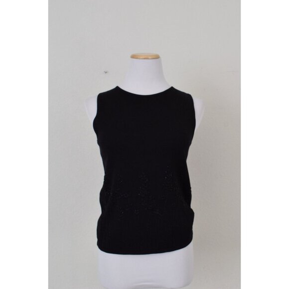 Vintage 90s Stretch Silk/Rayon Black Embroidered + Beads Tank Top | size PM - Picture 9 of 10